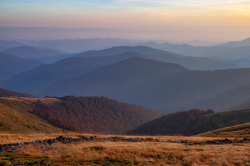 Sunrise. Autumn morning. Fall scene. Landscape with high mountains. Panoramic view. Natural landscape. The lawn with orange grass. Autumnal wallpaper background. Touristic place Carpathian park.