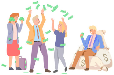 Obraz premium People jump and enjoy wealth. Successful characters have fun in rain of money. Banknotes, dollars are falling on rich women and men. Businesspeople scatter money. Enjoyment of success and wealth