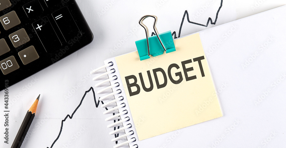 Poster stickers with pencils and notebook with text budget on chart background