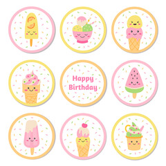 Cupcake toppers for ice cream party. Kids birthday decorations. Kawaii cartoon style. Vector illustration.