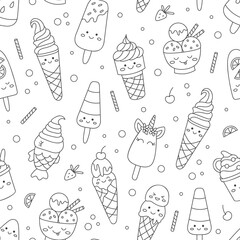 Ice cream doodle seamless pattern. Funny smile faces. Perfect for coloring pages, scrapbooking and stamps. Kawaii cartoon style. Vector illustration.