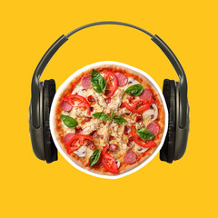 Composition with big italian pizza and headphones isolated on bright yellow neon background. Contemporary art collage, modern design.