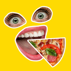 Composition with female mouth and eys and slice of pizza isolated on yellow neon background. Contemporary art collage, modern design.