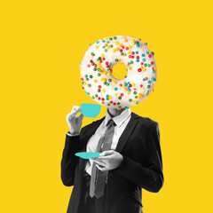 Composition with female body headed of sweet donut isolated on yellow neon background. Contemporary art collage, modern design.