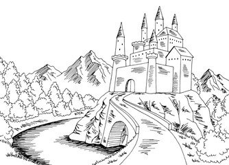Castle road graphic black white landscape sketch illustration vector 
