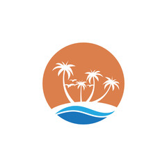 summer beach coast island, sea ocean with birds and summer sun rays logo design inspiration