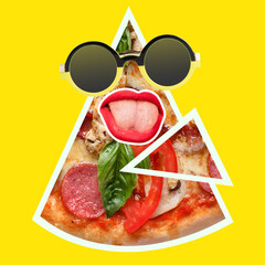 Composition with female mouth and sun glasses over big slice of pizza isolated on yellow neon background. Contemporary art collage, modern design.