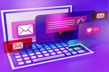 Social networks in laptop. Social network business illustrations. Icons of envelopes and likes as symbol of Social network. Laptop on a purple background. Messenger in computer. 3d image