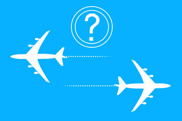Airplane flight route. Illustration on topic air logistics Question symbolizes choice of route. Choosing air flight for flight. Solving problems of aviation logistics. White planes on blue background