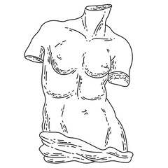 Line art illustration. Greek sculpture on white background. Plaster sculpture. Raster illustration. Element for wedding invitation, design template, greeting card, pattern, textile