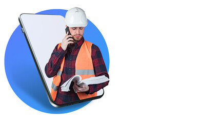 Architect builder with a phone. Architect at smartphone screen. Man with smartphone. He studies some papers. Metaphor of architect site or application. Construction company application.