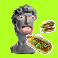 Contemporary art collage and modern design. Funny, crazy mood. Concept of idea, inspiration, creativity and beauty. Composition with antique statue bust with man's mouth and burger, sandwich