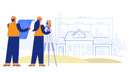 Construction site concept. Architect holds drawing, surveyor does research. Schematic plan of facade of house with measurements. Real estate business. Vector illustration scene with people characters