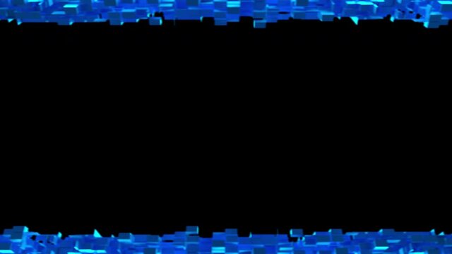 Blue cubic particles cut out of pink shutters that open black screen. High tech and Nanotechnology concept. 3D animated intro with alpha channel as matte mask and chroma key color id.