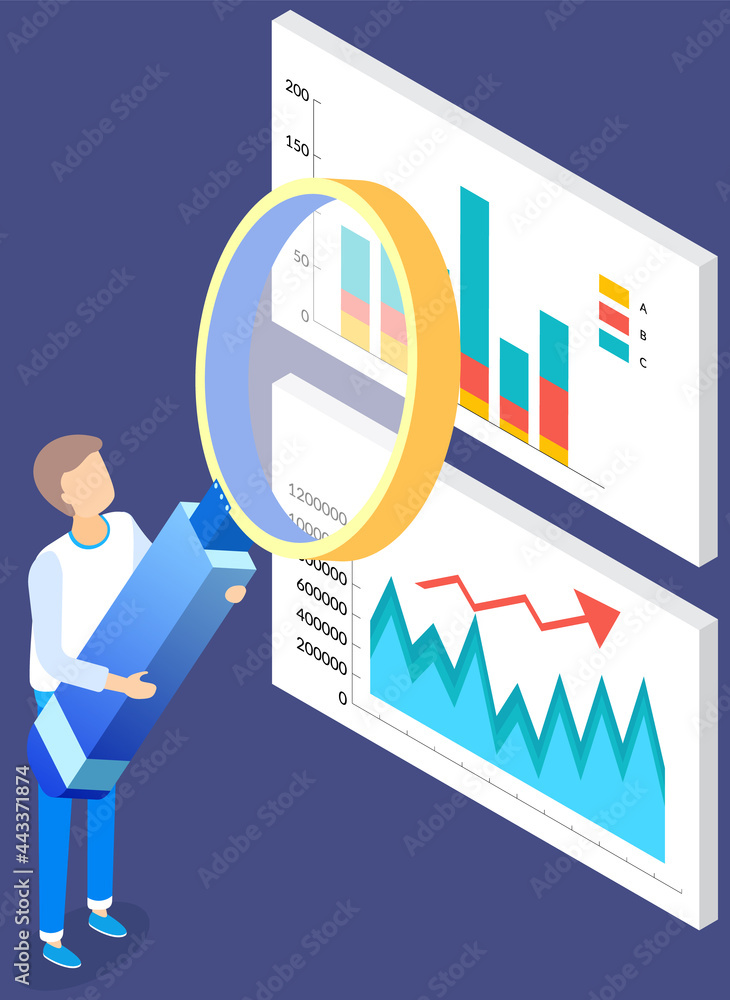 Poster visualize with business analytics. people work with statistical data analysis, changing indicators. 