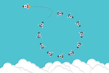 Different Approach - Different Direction. Group of rockets flying in one direction and with one individual flying in the different way, can be used leadership/individuality concepts.