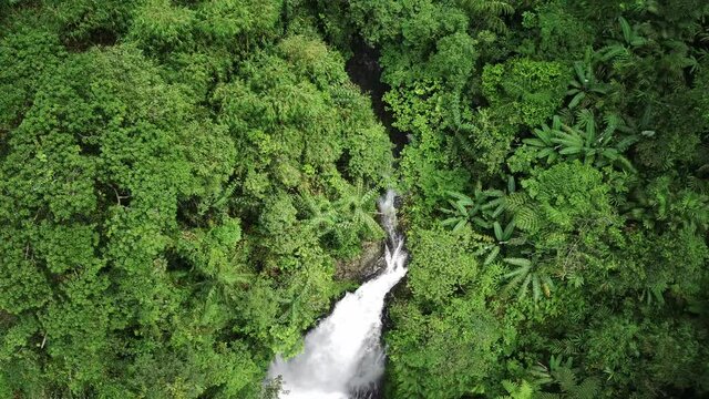 Aerial footage of Curug Gomblang (Gomblang Waterfall) located in Baseh, Kedungbanteng, Banyumas Regency, Central Java, Indonesia.