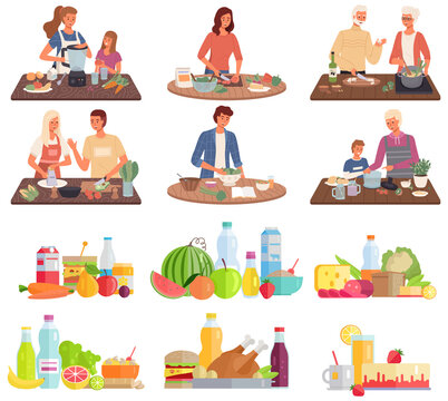 Set Of Illustrations About Vegetarian Food. Proper Nutrition, Healthy Lifestyle And Vegetarianism Concept. Process Of Cooking Meal. Natural Organic Ingredients. People Cook Natural Meatless Meals