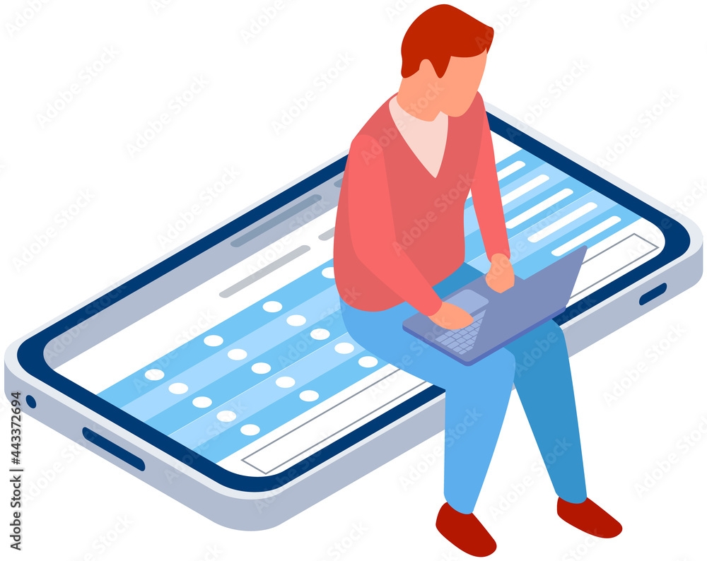 Poster guy working at laptop while sitting at mobile phone screen. smartphone showing plan or schedule on s