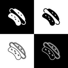 Set Hotdog sandwich icon isolated on black and white background. Sausage icon. Fast food sign. Vector