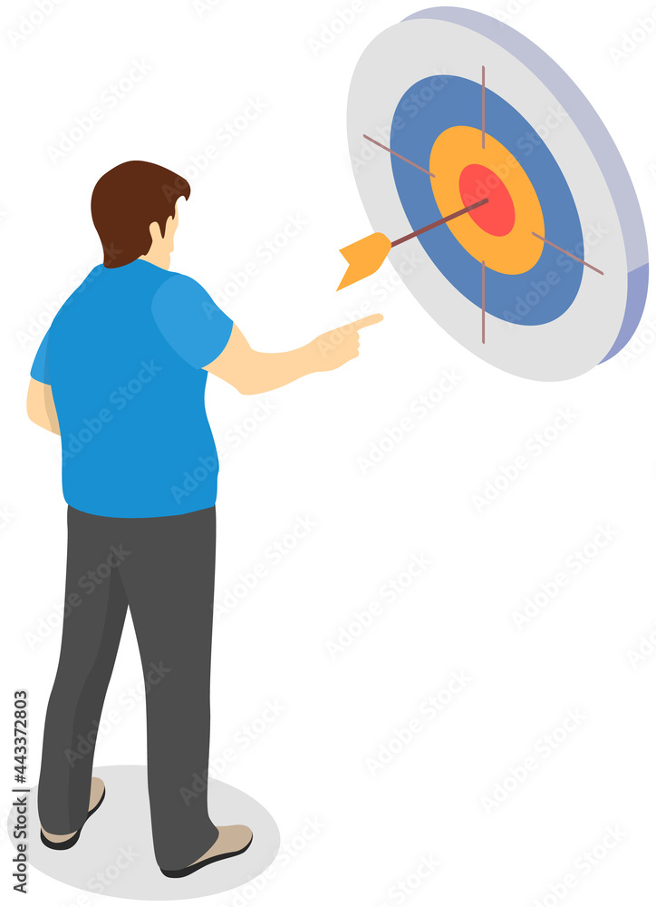 Poster man in business suit stands near large target. businessman looking at target with arrow in middle as