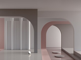 Minimal scene with arches, podium  and abstract background. Geometric shapes. Neutral color, dark scene with lights and geometrical forms for cosmetic product. Shopfront, showcase, display. 3d render
