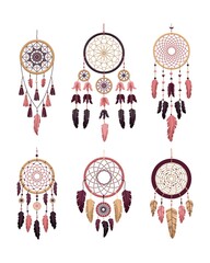 Set of vector dreamcathers in boho style. Mystical interiors.