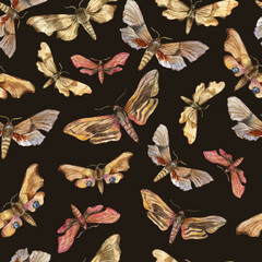 Hand-drawn hawk moths on a dark background. Watercolor seamless pattern for design of fabric, paper, wallpaper, cards. Collection Magic insects