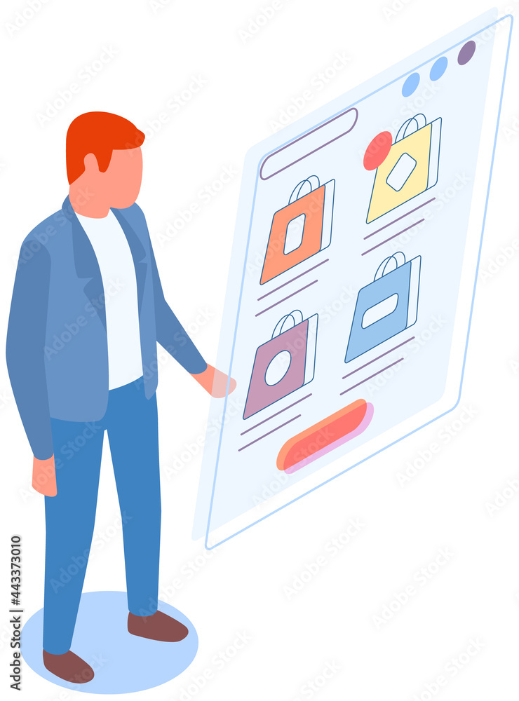 Poster man is using app for buying and ordering. male character is buying stuff online. person makes purcha