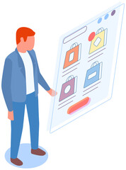 Man is using app for buying and ordering. Male character is buying stuff online. Person makes purchases in online store with home delivery. Shopping application interface with package icons