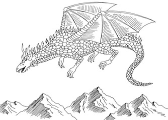 Dragon flies over the mountain graphic black white landscape sketch illustration vector