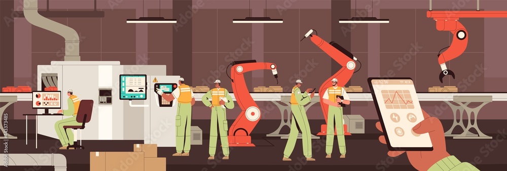 Aufkleber Modern smart factory with robot automated conveyor production, controlled by workers and manager through smartphone and computer. Monitoring of machine manufactory. Colored flat vector illustration