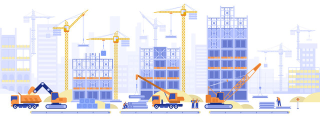 Construction site concept. Builders working on multi-storey buildings, installing pipes for pipeline, loading cranes, architects looking at project plan. Vector illustration scene with tiny characters
