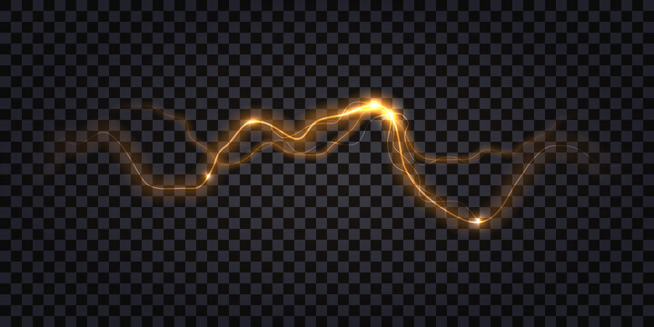 Electric discharge shock effect. Lightning collision, two vs impulse waves. Yellow luminous thunder bolts, glowing flash sparkling electricity. Vector illustration