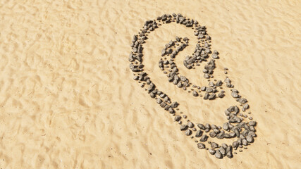 Concept or conceptual stones on beach sand handmade symbol shape, golden sandy background, sign of an ear.  A 3d illustration metaphor for hearing loss, tinnitus, vertigo, ear pain or infection