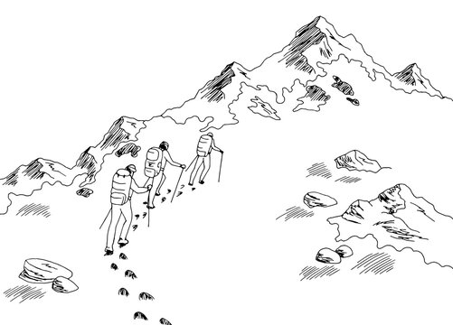 Climbers climb the mountain graphic black white landscape sketch illustration vector 