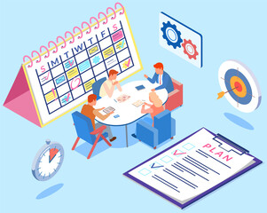 Project planning, deadline and time management concept. Business team has meetings and discusses new office timetable. People analyze plan, schedule. Work schedule planning vector illustration