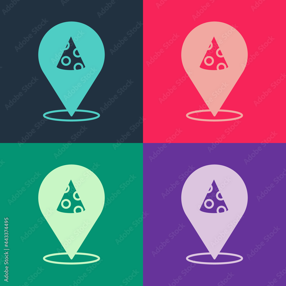 Poster pop art slice of pizza icon isolated on color background. fast food menu. vector