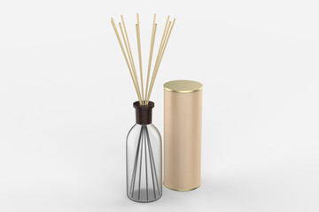 Wooden aroma sticks in glass jar glyph icon. Liquid perfume oil black silhouette. Essential air fragrance sticks aromatherapy. Spa and beauty pictogram isolated. 3D illustration