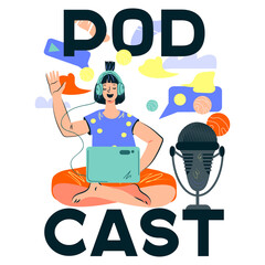 Podcast emblem design with woman talking to microphone recording or leading podcast. Splash screen for social network radio broadcast, cartoon vector illustration isolated on white background.