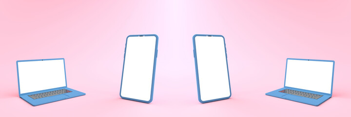 3D rendering of mockup blue smartphone white screen opposite of Mock up of blue laptop white screen lay on the ground. Smartphone white screen can be used for advertising,Isolated on pink background.