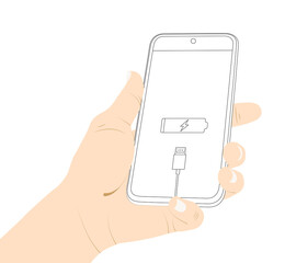 Empty battery, humand hand, holding smartphone, device screen, low power, charge is over vector draw. stock illustration