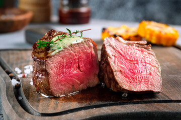 A large grilled filet Mignon steak with butter and thyme is served chopped on a wooden board. A dish of fried meat in close-up - obrazy, fototapety, plakaty