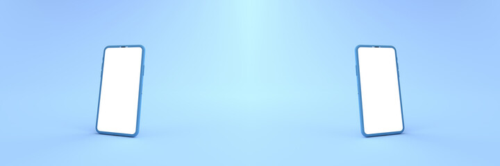 3D rendering of mockups blue Smartphone white screen on blue floor, Blue Mobile phone lay down on the ground. Smartphone white screen can be used for commercial advertising,Isolated on blue background