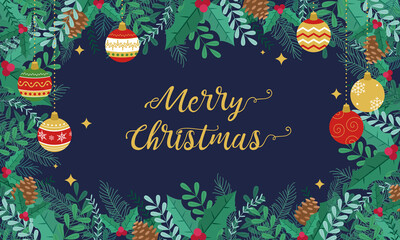 クリスマスのオーナメントともみの木のフレーム背景のベクターイラスト(コピースペース,バックグラウンド,飾り,ポスター)