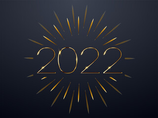 Poster template, a postcard for the new year with gold numbers 2022 and fireworks on a black background. Winter holiday greeting card design template. Vector illustration