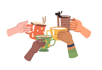 Hands with coffee or tea, isolated cheers to toasting, celebration and leisure. Aromatic beverage with caffeine, hot liquid in mugs. Cappuccino or espresso, doppio or mocha. Flat cartoon vector