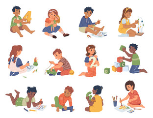 Boys and girls playing and studying kindergarten, isolated kids with numbers and pencils. Drawing and counting, game with car or doll. Improvement of skills and development. Cartoon character vector