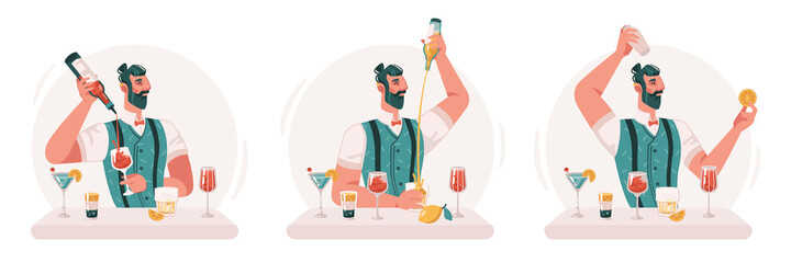 Skillful professional barman making cocktails and alcoholic drinks in bar or pub. Isolated virtuoso bartender with bottles and glasses, fruits and citrus. Flat cartoon character vector illustration