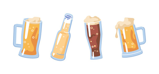 Glasses filled with light or dark beer drink, isolated refreshing beverage with frothy. Bubbly pale ale or lager. Alcohol and booze, cheers and celebration in bars or pub. Flat cartoon vector